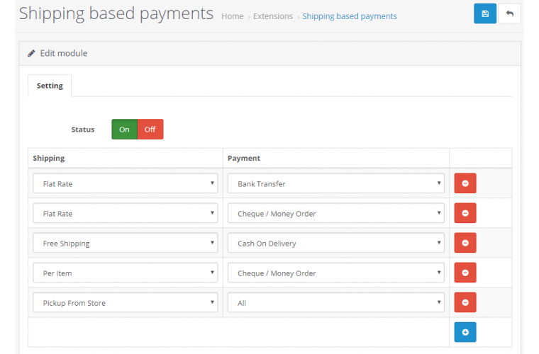 Opencart Extension Payment methods based on the selected shipping method
